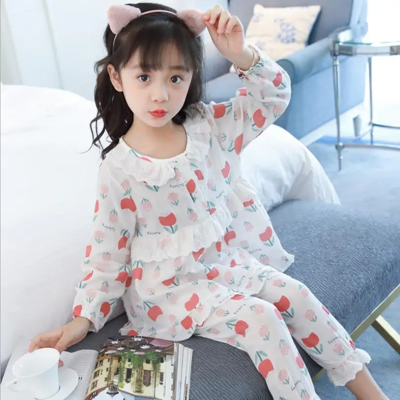 

Girls long sleeve princess pajamas spring autumn new lace patchwork cute tops + trousers 2pcs sets teens home clothes ws804