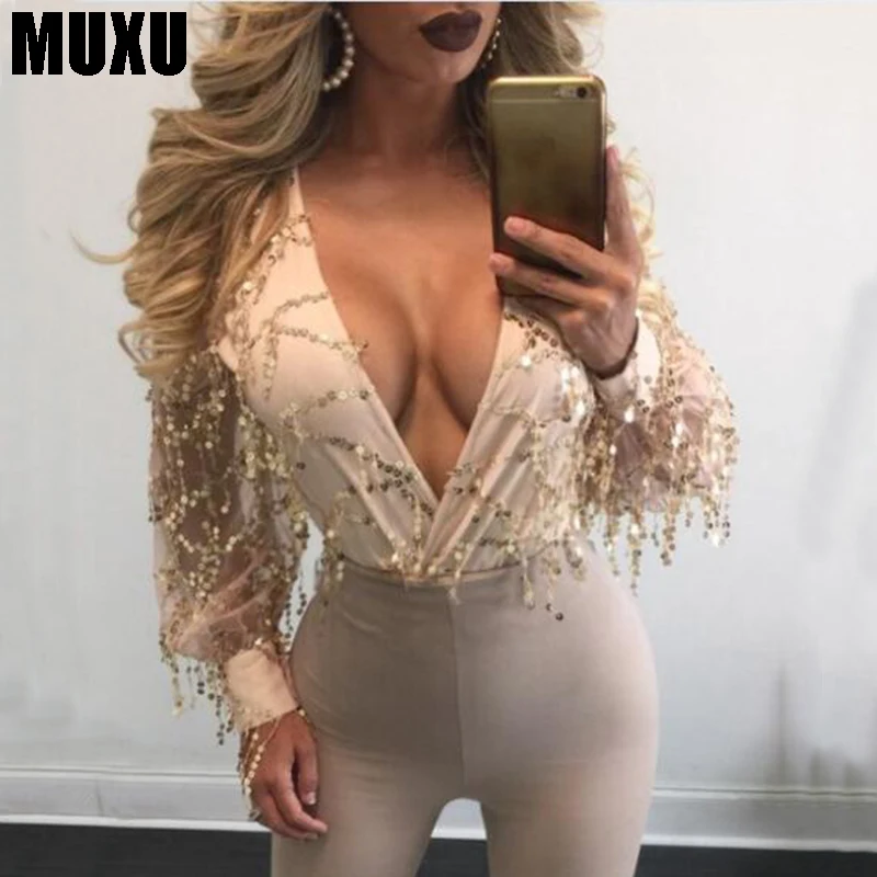 

MUXU v neck jumpsuit Sexy Long Sleeve sequin glitter womens clothing mesh black gold party body fringe rompers womens jumpsuit