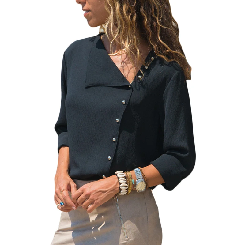 

Women's Chiffon Lapel Button Irregular Solid Color Long Sleeve Blouse Shirt