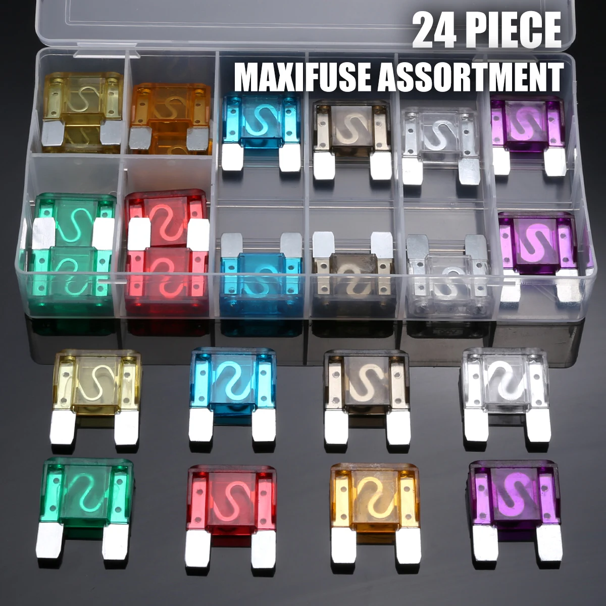 24pcs Big Maxi Blade Fuse Assortment Set 8 Kinds High Quality Car Truck RV Electrical Fuse Kit 20A 30A 40A 50A 60A 70A 80A 100A
