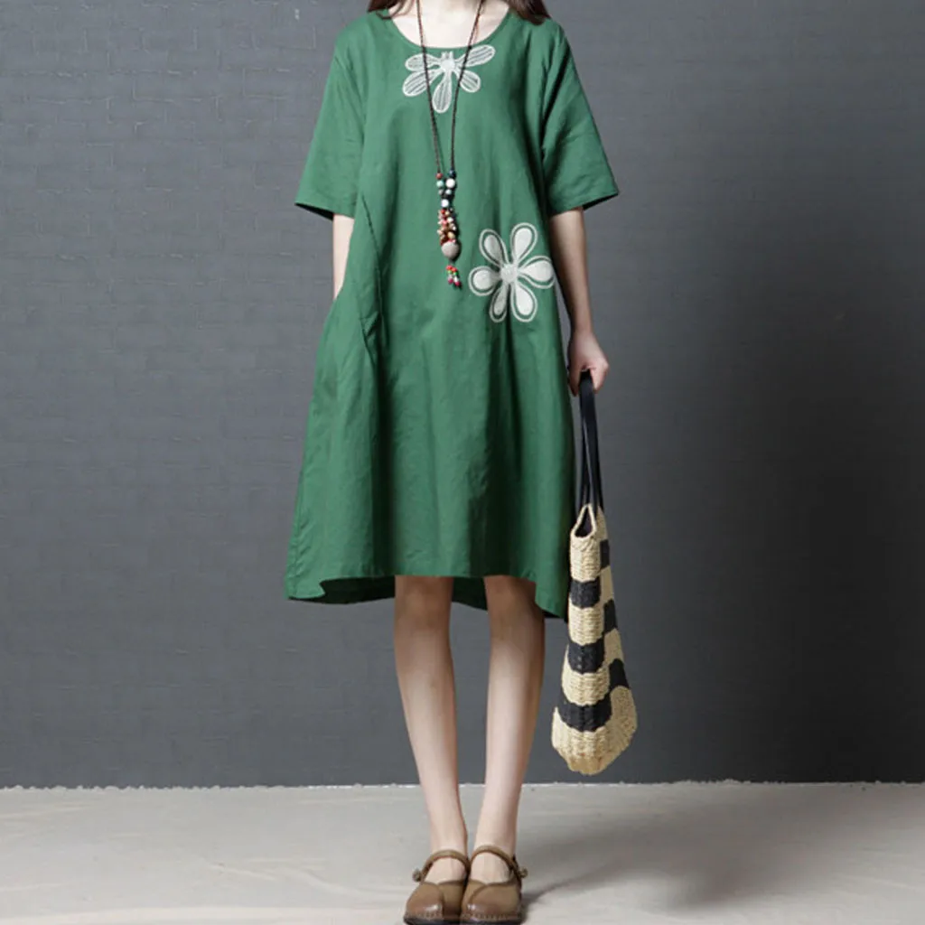 

Women's Cotton linen Embroidered Flower Round Neck Short Sleeve Loose Dress