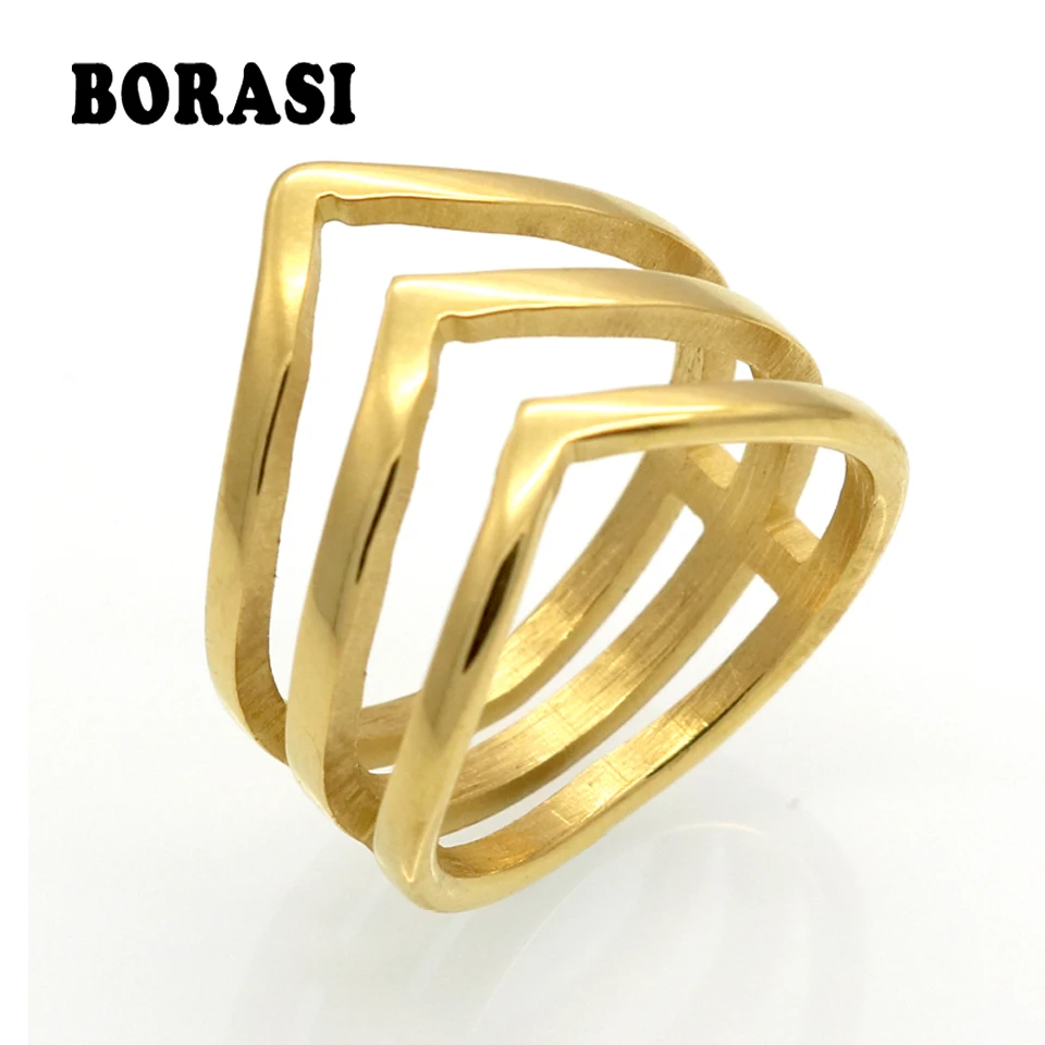 Рекламная распродажа, модное кольцо BORASI золотого цвета, ювелирные изделия из нержавеющей стали, модное женское кольцо с тремя v-образными фасонами
