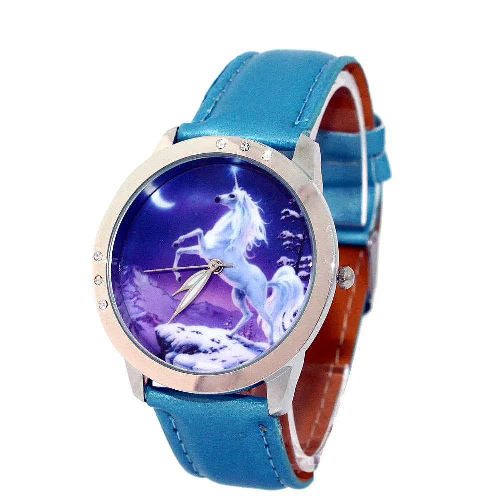 Высококачественные модные женские детские часы для девочек, счастливые единороги, кожаные кварцевые аналоговые повседневные студенческие наручные часы L36C - Цвет: Blue