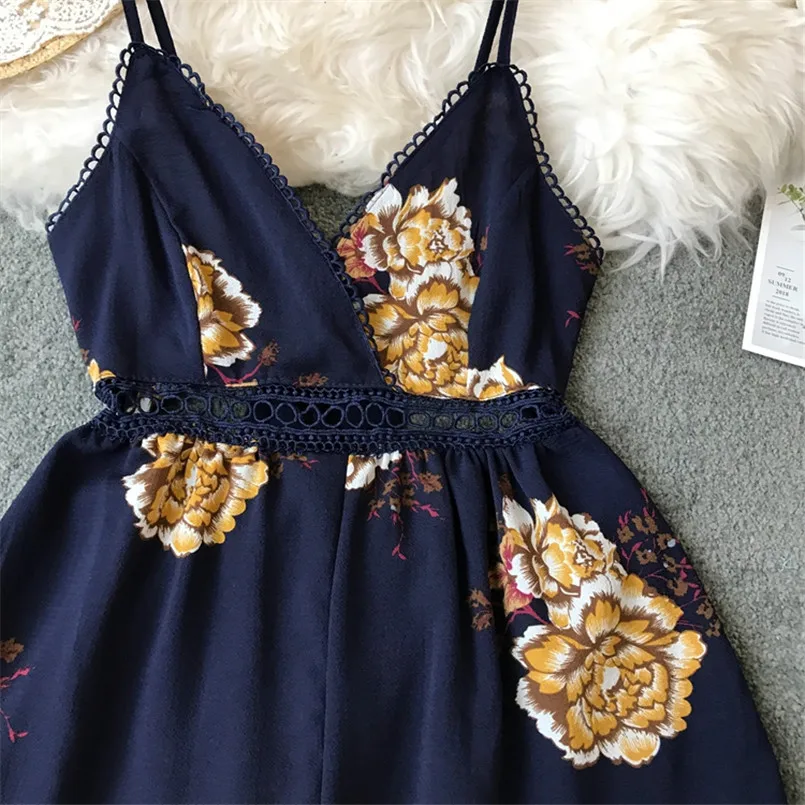 Boho V шеи сексуальный летний с открытой спиной с цветочным принтом спагетти ремень комбинезон Повседневный Женский Игровой костюм пляжный Праздник открытый комбинезон