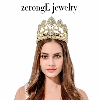

Free shipping tall pageant gold rhinestone women party holiday crown tiara for decoration custom cost extra
