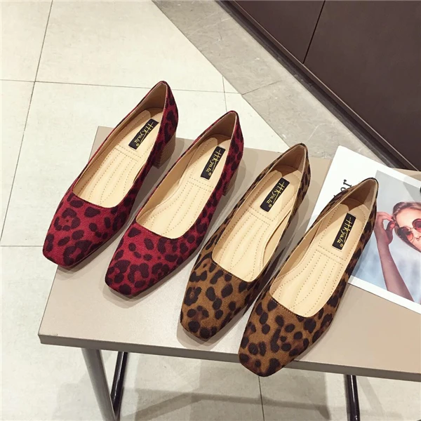 

Kmeioo Mature Shoes Woman Leopard Pumps Spring Autumn Square Toe Square Heels Slip-On Loafers Red Brown Fashion S