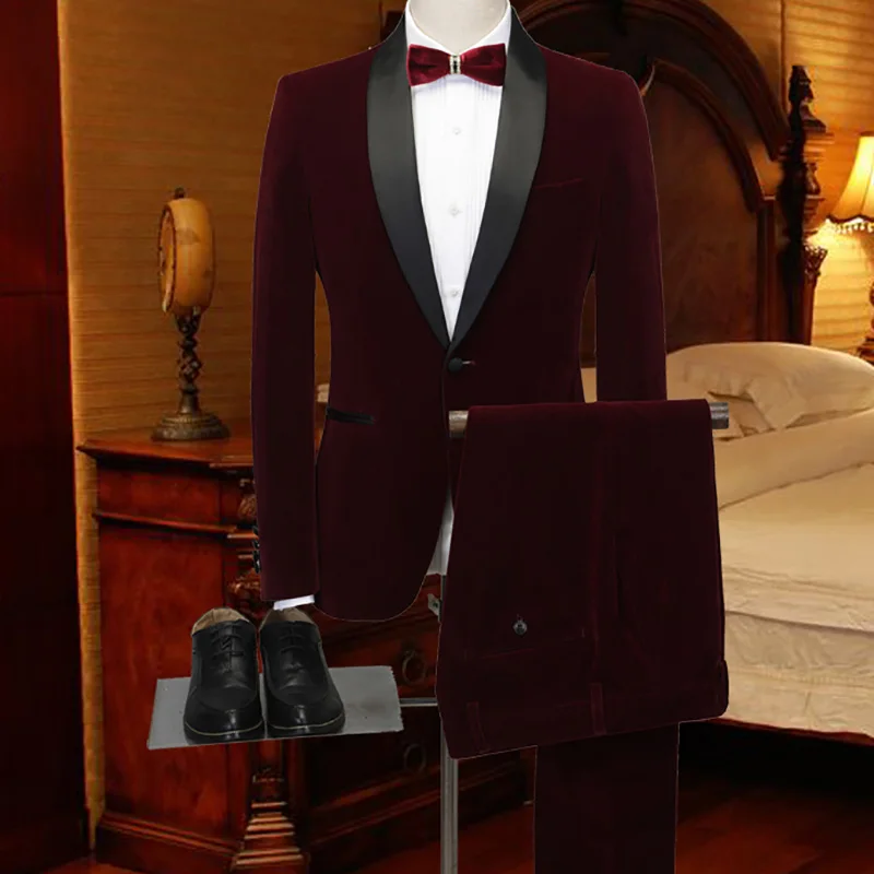 Velvet Suit Wedding Suit for Men Wine Red Marriage Groom Tuxedo Costume Homecome Shawl Lapel Blazer 2 Pieces Terno Masculino 