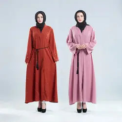 Большие размеры Vestidos2019 Абая Бангладеш стиль abaya Дубай спереди открытым жемчуг мусульманские для женщин OrganzaCocktail платье CardiganZ319