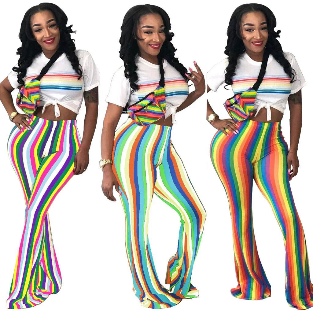 Hot Sale 2018 Fashion Stretch Ladies Bell Bottom Pants Women Trousers Skinny Rainbow Striped Printed Flare Pants Pants