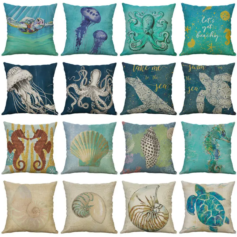 

Marine Organism Pillow Case 18" Octopus Conch Pattern Pillowcase Cotton Linen Cushion Cover Home Decor