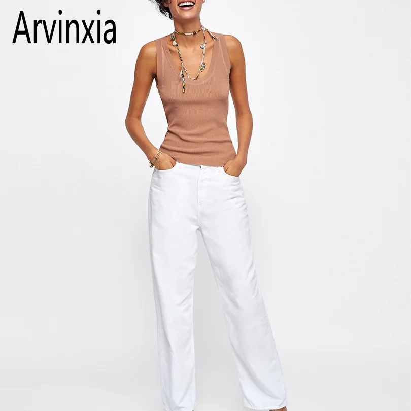 

Arvinxia ZA Sexy V Low Solid Color Slim Woman Tank Tops Chic O Neck Sleeveless Women Camis New Knitted Intimates Vest For Femme