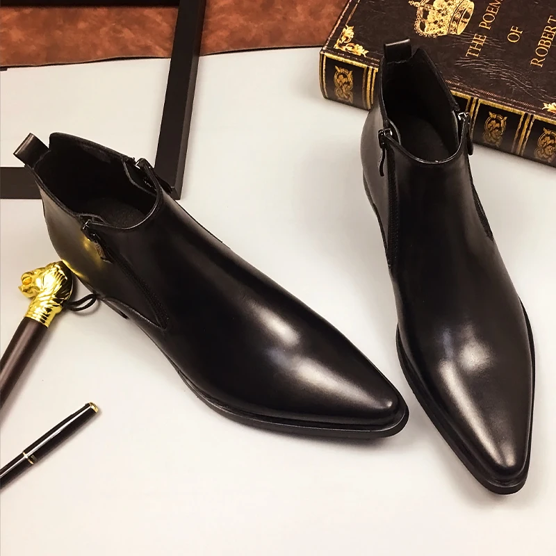 

Leather High Top Men Dress Winter Boots Work Booties For Man Pointed Toe Male Black Yellow Wedding Oxfords Shoes Tactical Boots