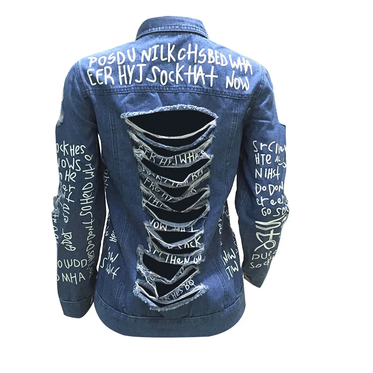 

Streetwear Hiphop Fashion Ripped Hollow Sexy Hole Graffiti Letter Print Denim Jacket Plus Size Jean Coat Punk Outwear Women 2018