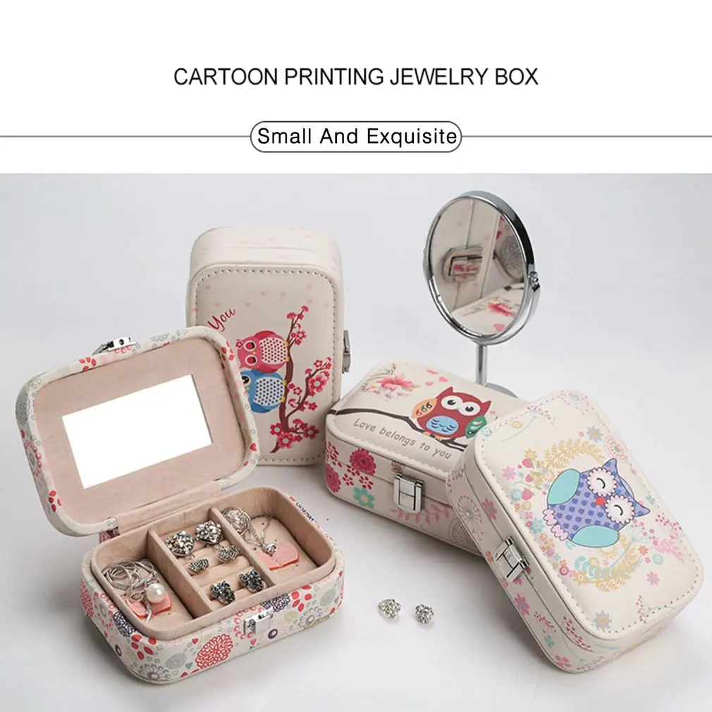 GENBOLI Owl Pattern Travel Jewelry Box Portable Leather Carrying Case Jewelry Organizer Storage Display Packaging Casket