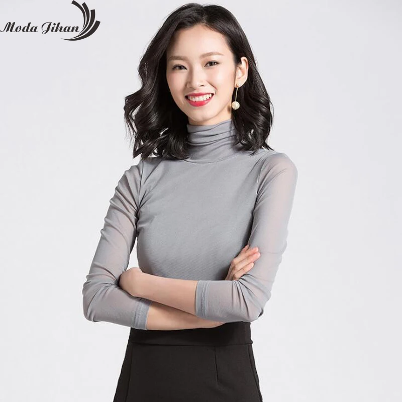 Moda Jihan Women's Mesh Bottoming Shirts Stretchable High Collar Underneath Tops Autumn Winter Female Clothing Sexy Plus Size