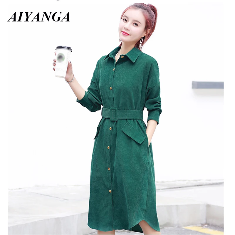 

New Corduroy Dresses With Sashes Women 2018 Autumn Winter Dress For Women Casual Loose Single-breasted Dress Medium Long Style