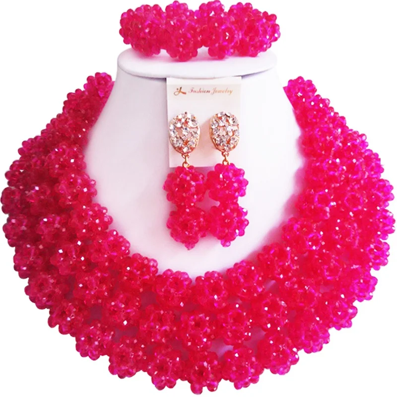 

Fantastic Hot Selling Fuchsia Pink Color African Nigerian Women Crystal Wedding Beads Necklace Jewelry Set 3C-SJDS-06