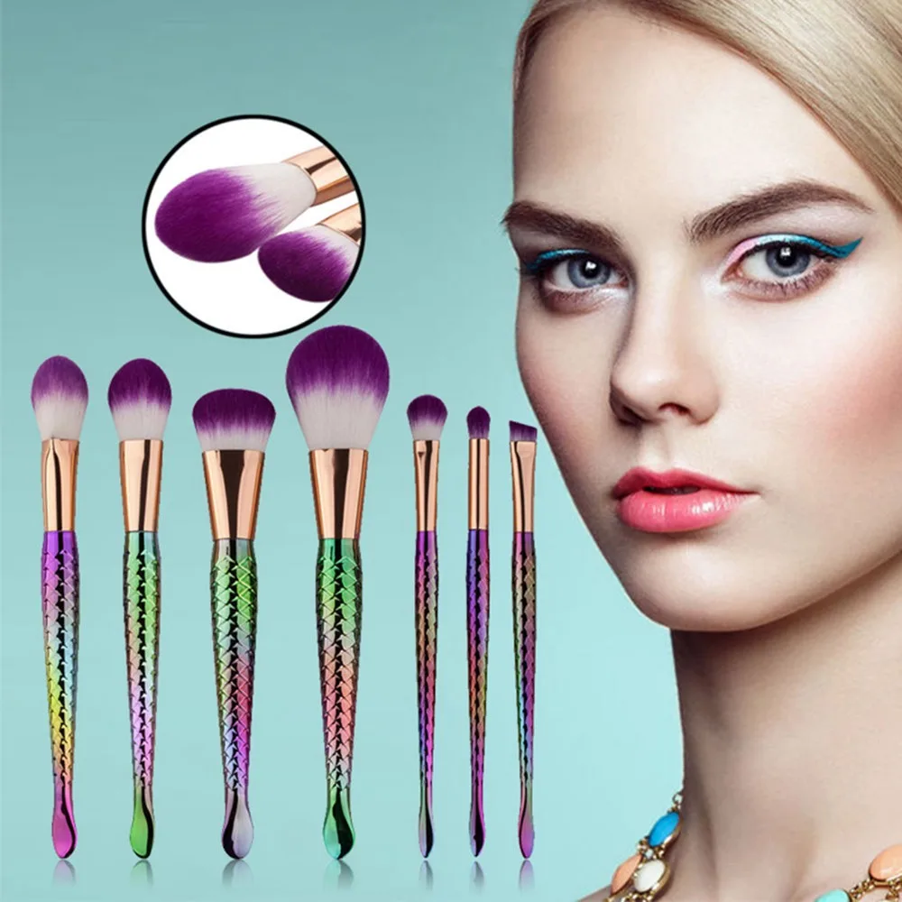 Vander Professional 7PCS Color Mermaid Make Up Eyebrow Eyeliner Blush Blending Contour Foundation Cosmetic Makeup Brushes