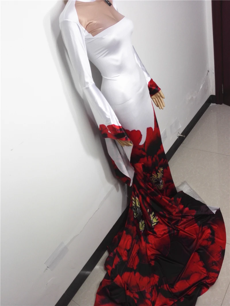 Новое Выпускной вечернее платье красное платье длинный хвост ночной клуб бар сексуальные цельные костюмы Тонкий Модный сценический шоу