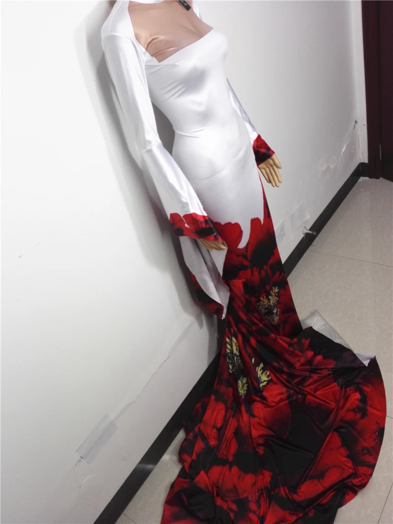 Vintage Stage Performance Costume Red Floral Print Trailing Long Dress Women Birthday Party Evening Celebrate Performance Outfit
