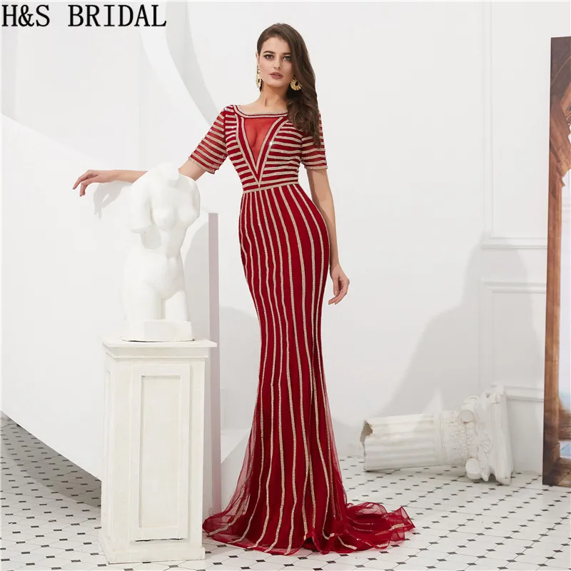 H&S Bridal Evening Dresses Long Short Sleeves Fitted Formal Dress Luxury 2019 Evening gown H&S Bridal Evening Dresses Long Short Sleeves Fitted Formal Dress Luxury 2019 Evening gown
