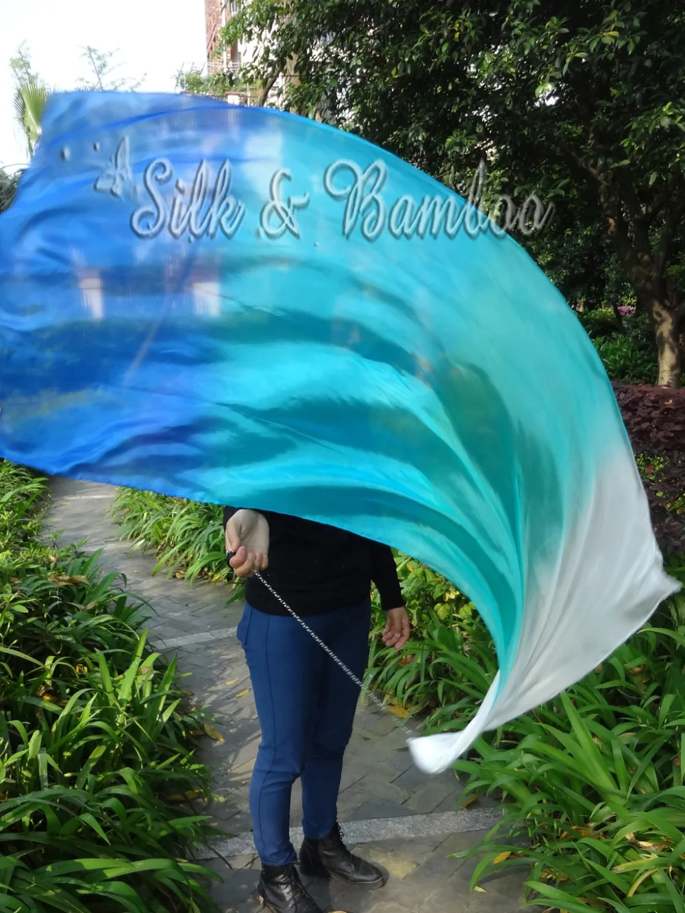 

white-peacock green-turquoise-blue, 1 piece 1.35m*0.6m(53"x24") belly dance silk veil poi.