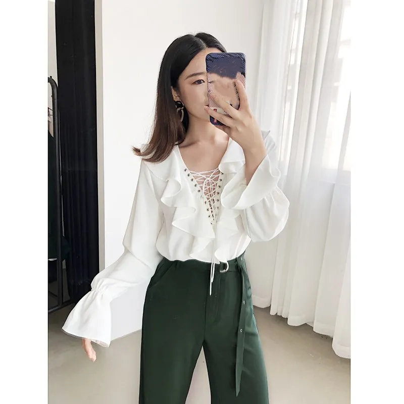 Blusas Mode Lacets Bureau Bleu Printemps Chemisier Volants Col Hauts V 2019 À Automne Femmes Dame blanc Streetwear Chemise Rouge marine PXuwkOZiT