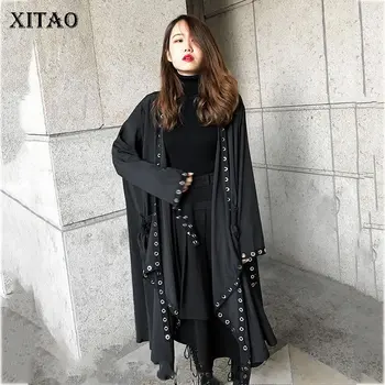 

XITAO Plus Size Black Trench Women Cardigans A Line Wild Joker Sequin Irregular Rivet Pleated 2019 Autumn Elegant WBB4369