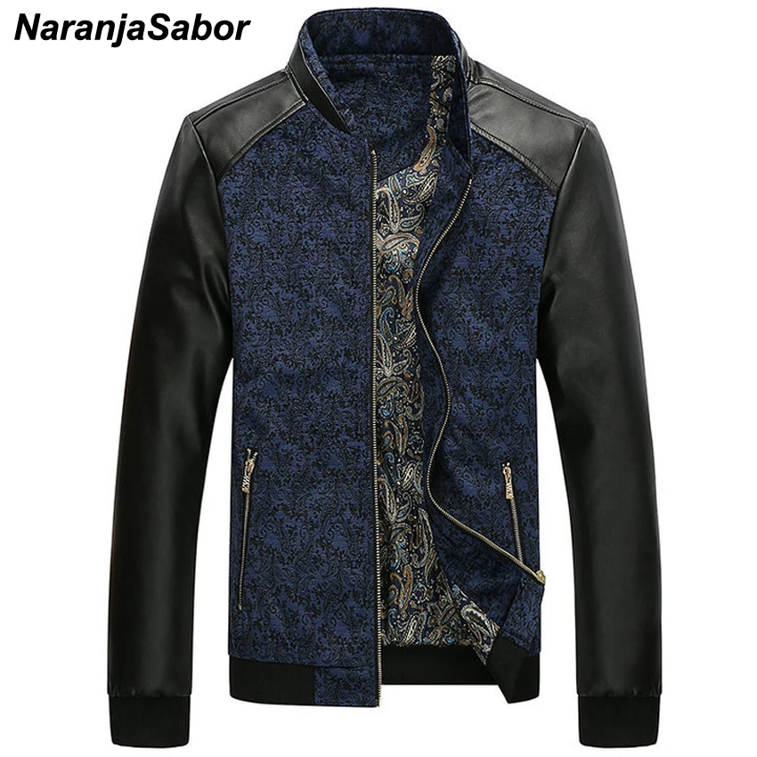 

NaranjaSabor Autumn Men's PU Leather Patchwork Jackets Fashion Slim Fit Coat Male Outerwear Stand Collar Men Brand Clothing N429