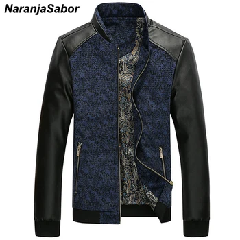 

NaranjaSabor Autumn Men's PU Leather Patchwork Jackets Fashion Slim Fit Coat Male Outerwear Stand Collar Men Brand Clothing N429