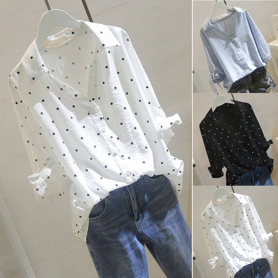 

Plus Size White Polka Dot Blouse Shirt Fashion Women Tops And Blouses Ladies 2019 Summer Button Down OL Shirts Blusas Female 4XL
