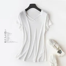 Leechee Женская Летняя шелковая одноцветная футболка большого размера, сексуальная тонкая приталенная рубашка высокого класса с перекрестным вырезом