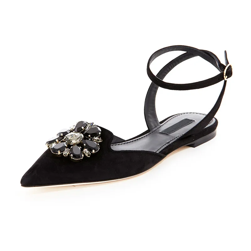 

New 2017 Shoes Woman Sping Summer Woman Flats Pointed Toe Suede Slingbacks Flats Designer Casual Cozy Flats Crystal Ankle Strap