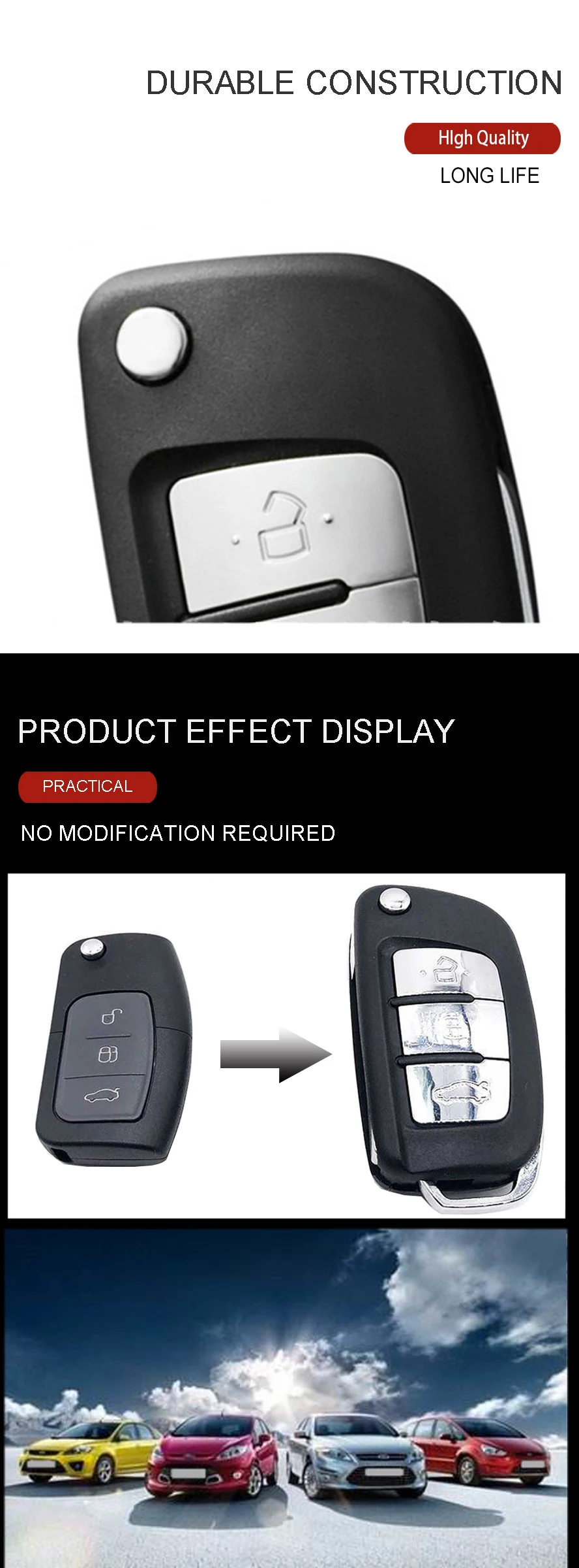Wooeight 3 Buttons Car Remote Key Case Shell Modified For Ford Fiesta 2013 Focus Mondeo Galaxy Kuga S-Max C-Max 2008 2009 2010 (8)