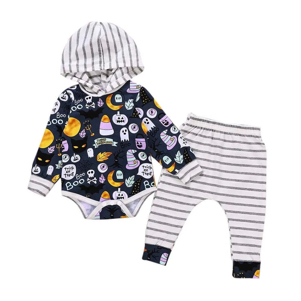 

Toddler New Baby boy Clothing Set Baby Boys Girl Cartoon Hooded Striped Romper+Halloween Striped Pants Outfits Set dropshipping