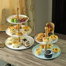 Скандинавская креативная деревянная керамическая двойная тарелка для фруктов, пирожных, десертов, послеобеденного чая, тарелка для сухих фруктов, три слоя ZP12171656