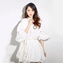 Spring Dress Women 2019 Tang Yan Star White Dress Fairy with Belt Tie Lantern Sleeve Puff Sleeve Straight Dress Women Spring Dress Women 2019 Tang Yan Star White Dress Fairy with Belt Tie Lantern Sleeve Puff Sleeve Straight Dress Women