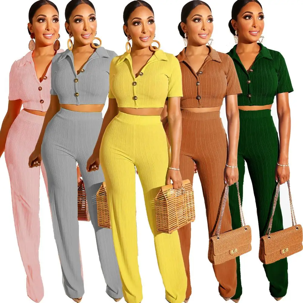 

Sexy casual outfits tracksuit women short sleeve top wide leg pants ribbed striped two piece set ensemble femme dos piezas