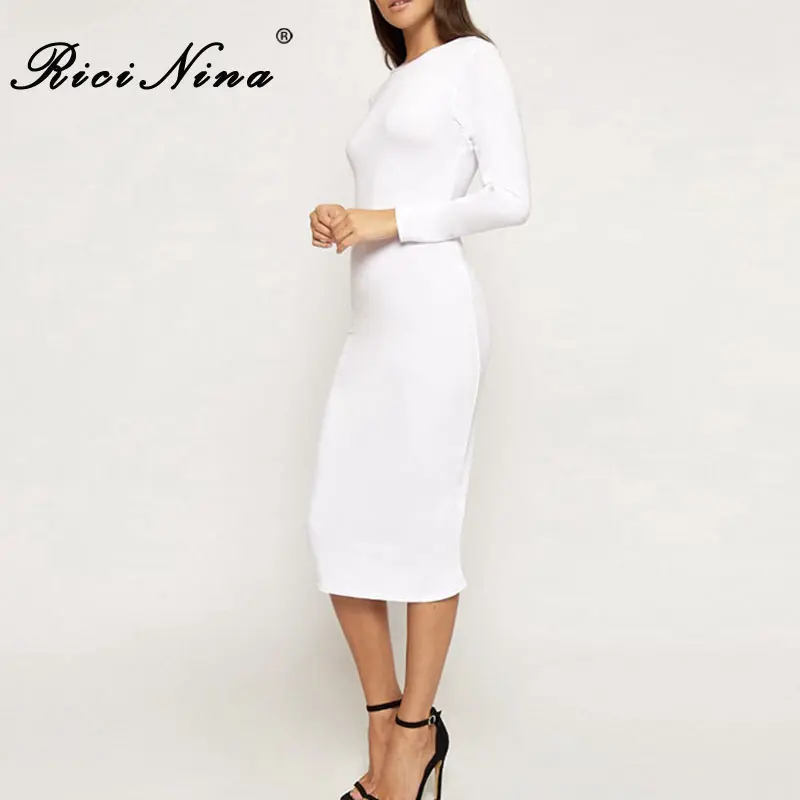 RICININA 2019 Women Dress Woman O-Neck Long Sleeve Slim Midi Dress Vestidos Ladies Spring Autumn Casual Sexy Bodycon Dresses