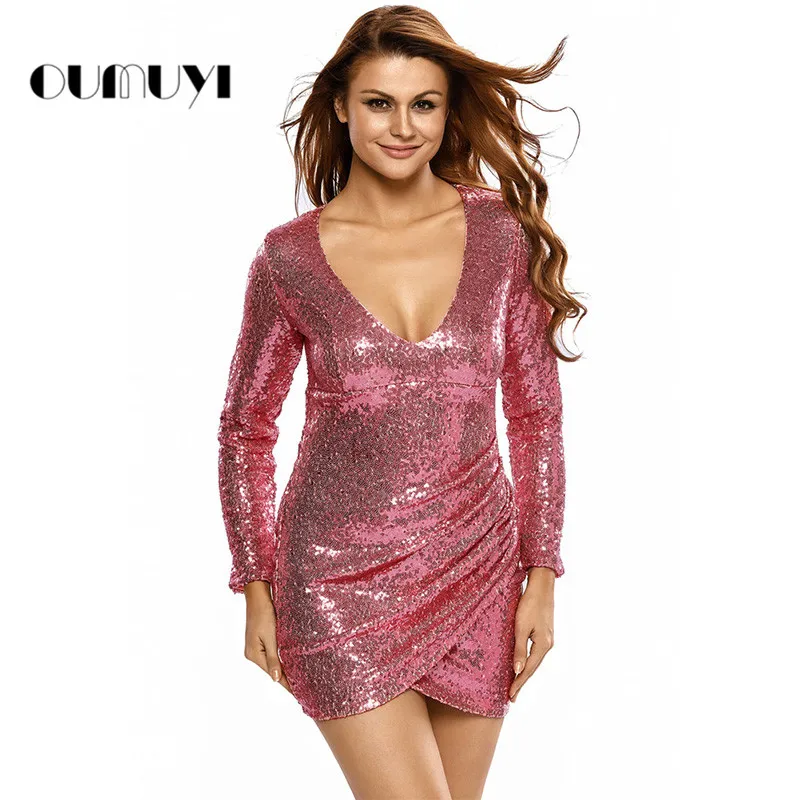 Buy Cheap Fashion Women Dress Sequins Sexy V-neck Long Sleeves Slim Mini Dress Party Night Dresses