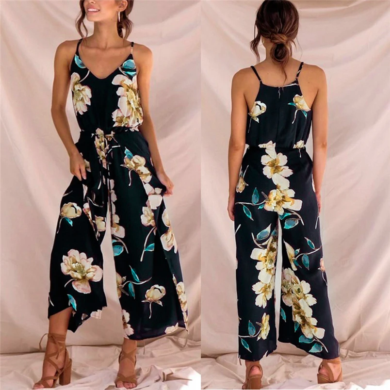 Womens Summer Jumpsuit Lady Boho Strappy Floral Sleeveless Sling Long Trouser Playsuits Jumpsuit Rompers Holiday Clubwear #J25 (1)
