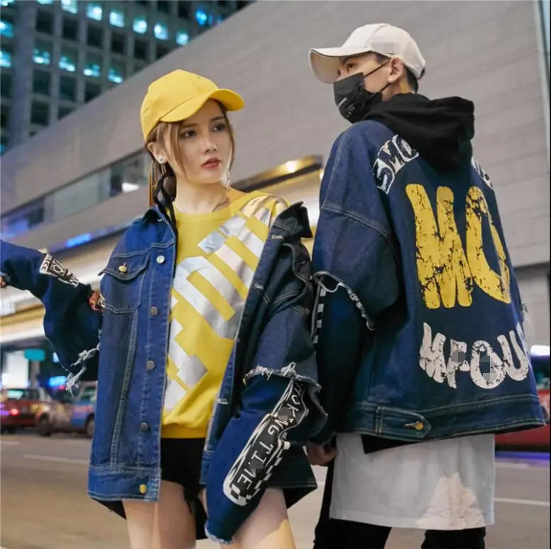 Популярные логотип в стиле хип-хоп печать надписи джинсовая куртка для пар и Корейский версии осень тенденция студент Куртки - Цвет: Синий