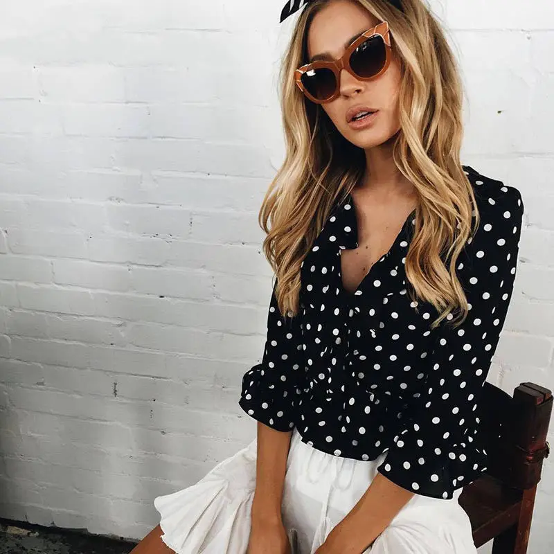 

Women T-Shirts Summer Chiffon Loose Casual Polka Dot Crop Tops V-neck T-Shirt Ruffles Ladies Tops Women Clothes New Fashion