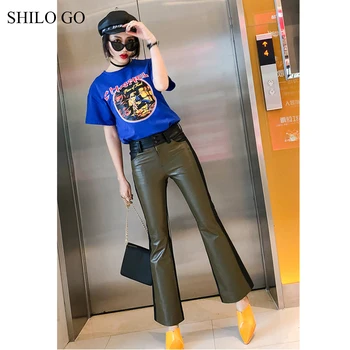 

SHILO GO Leather Pants Womens Spring England sheepskin genuine leather Pants high waist hot color spliced small flare pants