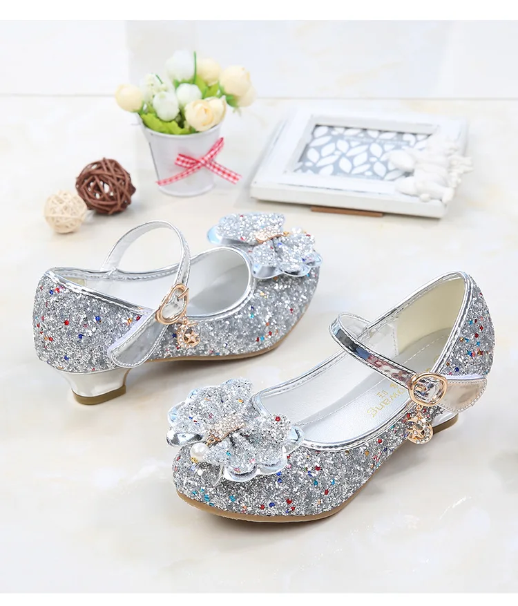 Girl Children Sequins High-heeled Dress Shoes Kids Spring& Autumn Butterfly-knot Party Wedding Princess Girls Shoes CSH814