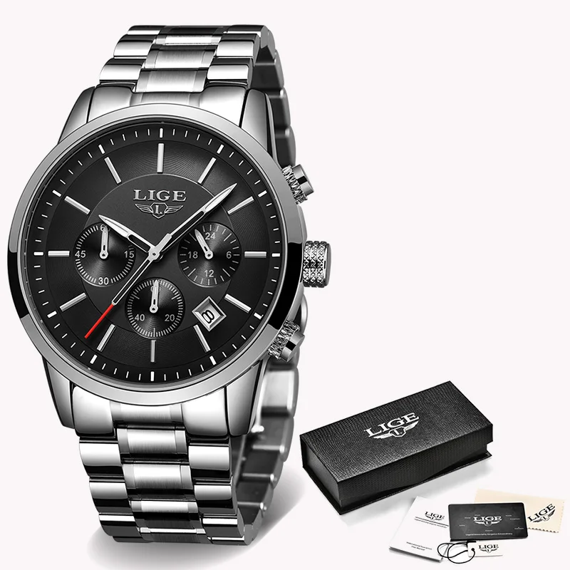 Часы мужские люксовый бренд LIGE Бизнес Мужские часы со светящейся датой водонепроницаемые полностью Стальные кварцевые часы Relogio Masculino - Цвет: Silver black