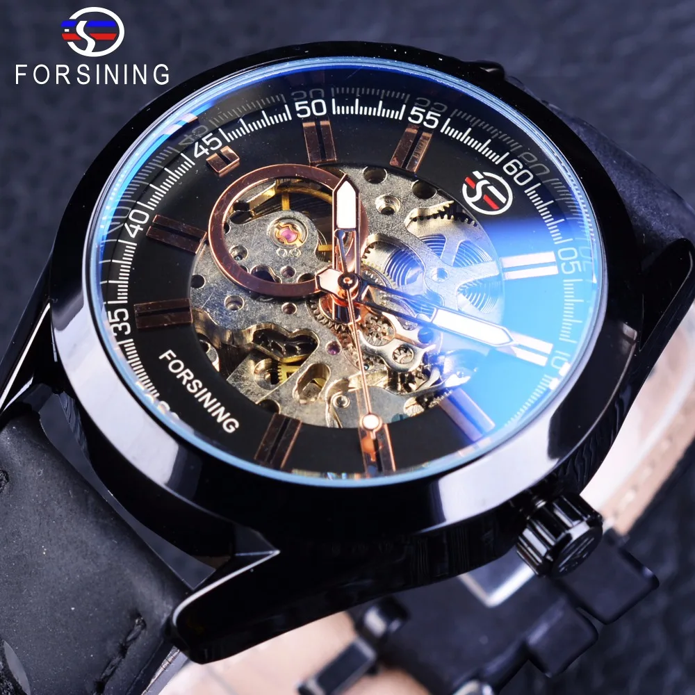

Forsining Blue Hardlex Glass Black Genuine Leather Transparent Openwork Men Mechanical Automatic Watches Top Brand Luxury Clock