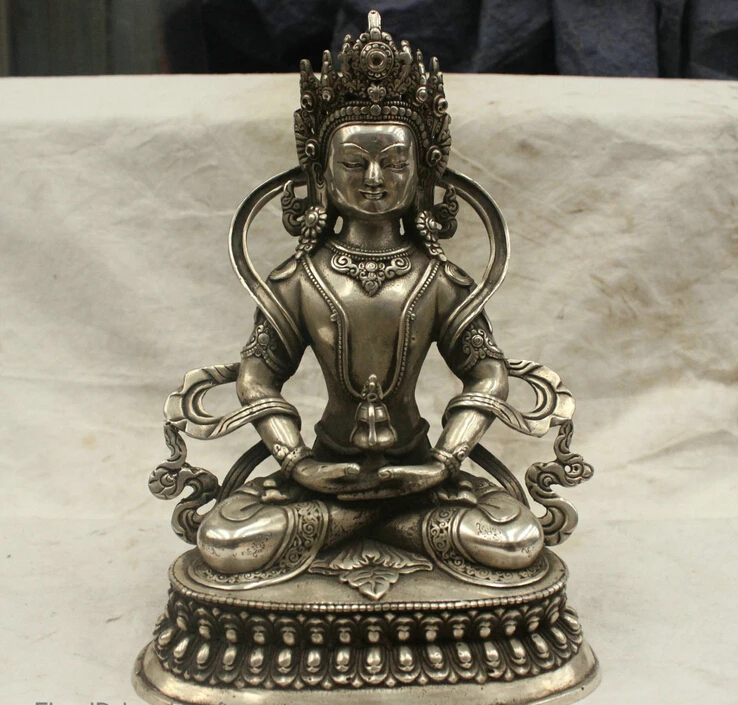 

Chinese Tibet Culture HandMade Old Silver Bronze Brass Statue Amitabha Buddha