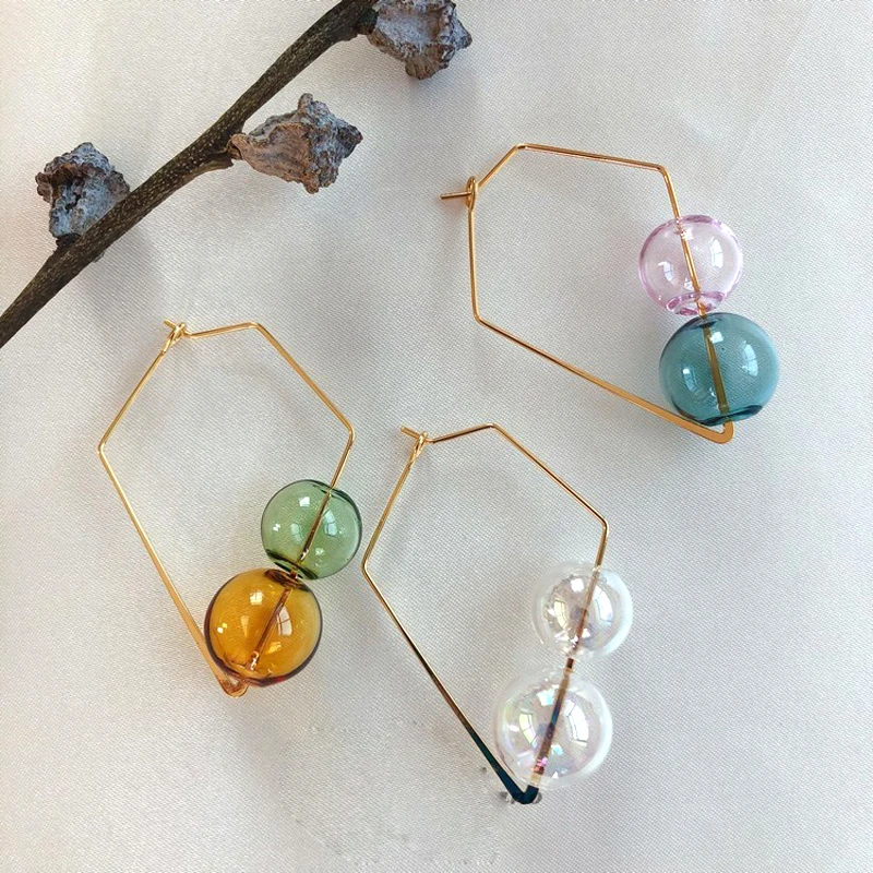 

Original Unique Glass Ball Square Korean Earrings Boucle d'oreille Handmade Candy Color Bubble Hoop Earrings For Women 2019