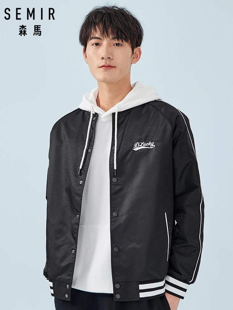 

SEMIR Men Contrasting Baseball Jacket Embroidered Bomber Jacket Men's Sport Jacket with Side Strip at Sleeve Snap Button Closure